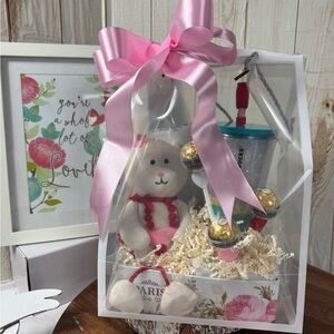 Pink Gift Set with Teddy Bear ,Starbucks tumbler and chocolate s.